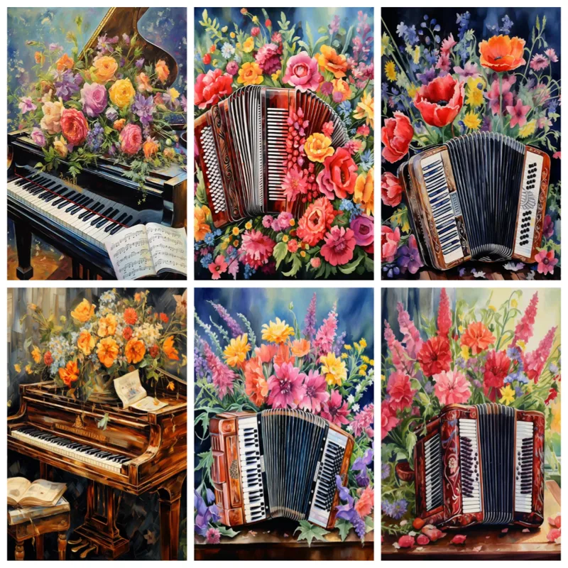 Musical Instrument I Play - Müzik Aleti Çiçekli Piyano Akordeon Yağlı